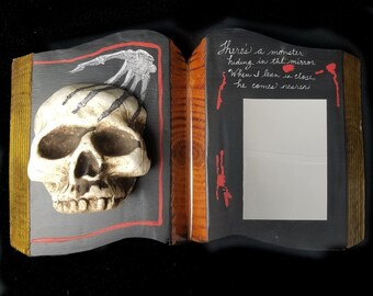 Creepy Halloween Book Decor: Foam Skull & Mirror - Repurposed Thrift Find