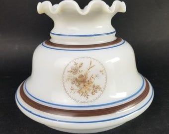Abigail Adams White Milk Glass Shade Brown Floral Designs Blue Stripes Scalloped