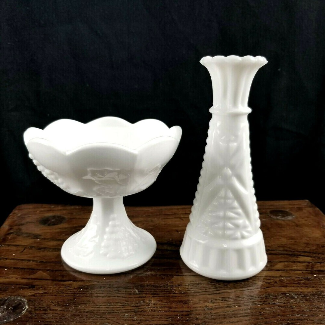 Lot of 2 White Glass Decor Pieces Bud Vase 13 & Candle Holder Pressed
