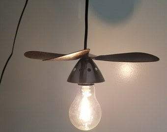 Repurposed Metal Fan Blade Pendant Light: Rustic Industrial Swag Lighting