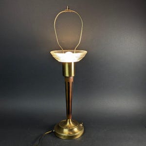 Industrial MCM Lamp Brown Black Stripe Wood Base Gold Tone Steel Plastic Bobeche