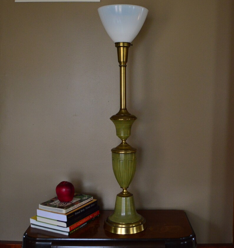 Extremely Tall Olive Green Brass Torchiere Opal Milk Glass Lamp Shade