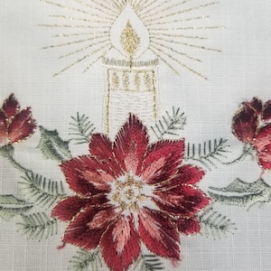Christmas Linen Table Runner Short Dainty White Golden Candle Red Flowers