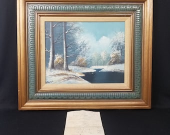 1970s Wagner Winter Oil Landscape Decorative Original Wood Frame Teal Accent Matte