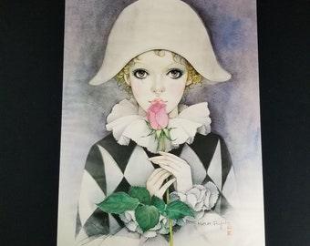 1982 Mira Fujita Charming Harlequin Poster Teary Eyed Girl Rose 23" x 16.5" 6667