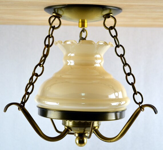 Vintage Imperialista Brass Pendant Ceiling Fixture 3 Chains Hurricane Pie Crust Top Glass Shade 1950s 1960s Small Hanging