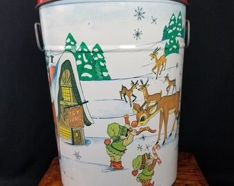 Christmas Popcorn Tin Rudolph Reindeer Santa Holiday Toy Land Elves B Monroe Art