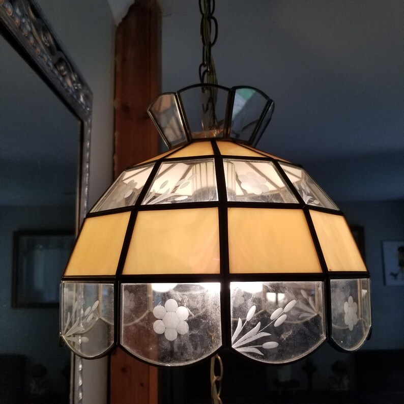 Stained Glass Hanging Light Swag Lamp Chandelier Pink Panels Clear Etched Panels