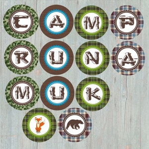 May include: Twelve round green, blue, and brown paper stickers with white letters spelling out "Camp Runamuk" in a rustic font. Two additional stickers feature a fox and a bear.