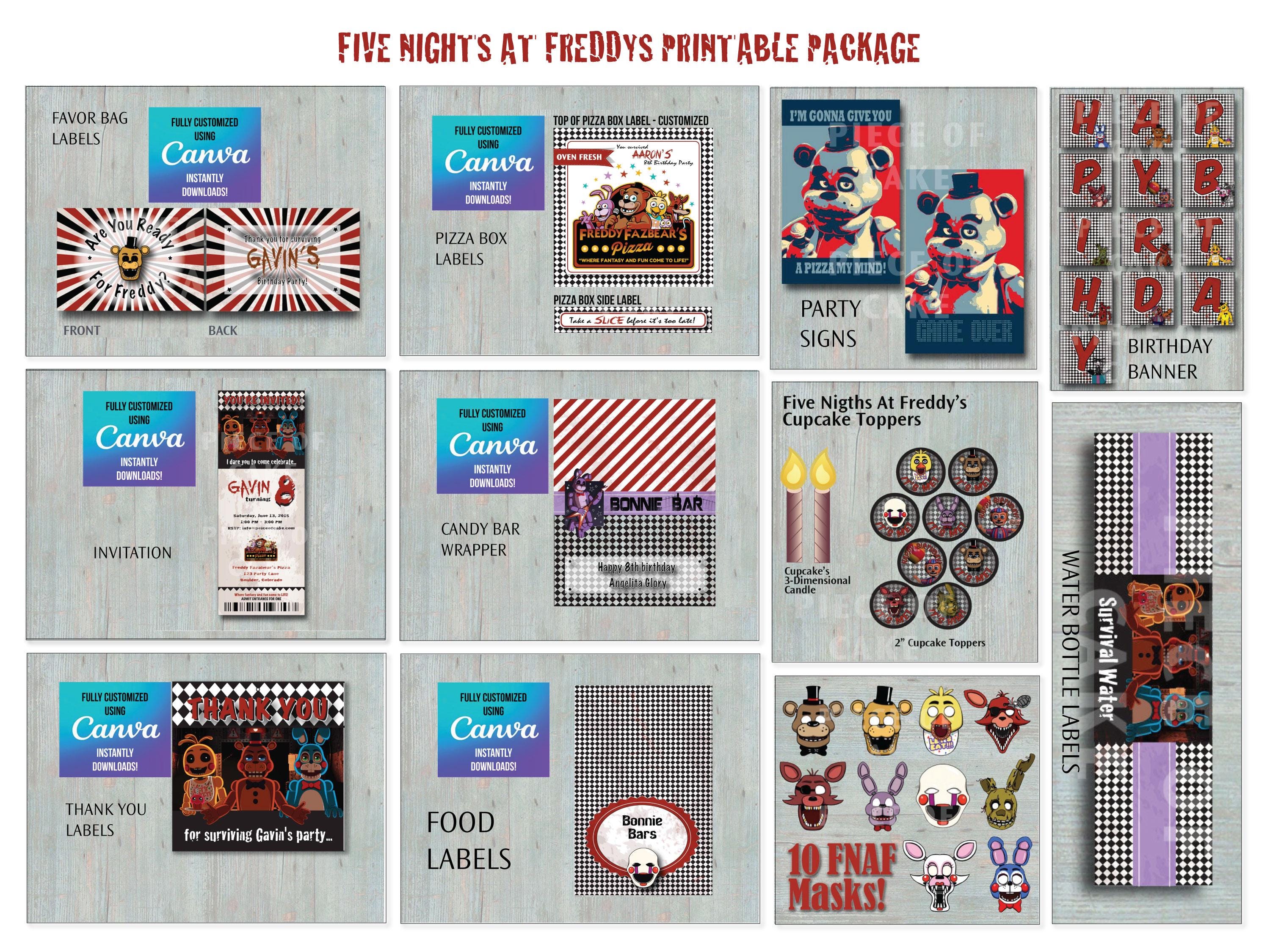 EDITABEL Five Nights at Freddys Printable PACKAGE - Customize on Canva - Everything You Need For a FNAF Themed Party - Favor Invite Costume