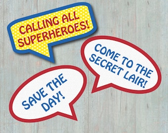 Three Superhero Backdrop Signs with BONUS Obstacle Course Sign - 4 SIGNS TOTAL - Superhero Themed Birthday Decoration