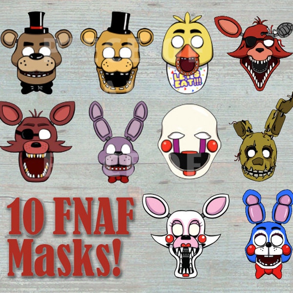 Five Night's At Freddy's 10 Masks Prop Set & 4 BONUS Props / Photo Booth Printable - Photo Booth, Costume or Party Favor