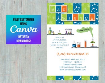 EDITABLE Invitation - Mad Scientist - FULLY CUSTOMIZED Using Canva - Birthday Party - Baby Shower - Play Date