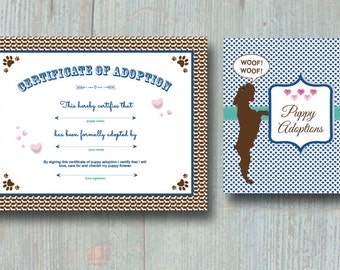Puppy Love Party - BLUE Puppy Adoption Certificate and Puppy Adoption Sign - PRINTABLE - Includes Two Files - Instant Download