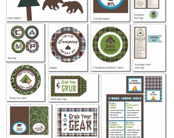 Camping Birthday Party Printables Set - INCLUDES CUSTOMIZED INVITATION - Food Labels, Costumes, Decorations, Bunting, S'more Poster & more!