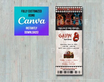 Invitación EDITABLE estilo boleto de Five Nights at Freddy's - PERSONALIZADA - Incluye etiqueta de sobre con la frase "Te reto a abrir" - Fiesta de cumpleaños