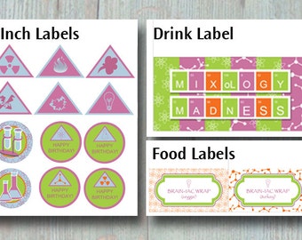 Pink Mad Scientist Party Food Label Printables - Drink Label - Food Label - Candy Jar Label - Birthday Party - Baby Shower