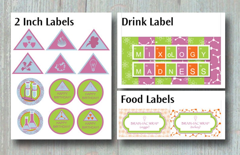 Pink Mad Scientist Party Food Label Printables Drink Label - Etsy