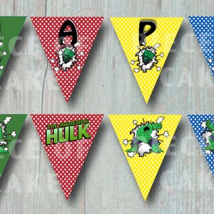 May include: A set of ten green, red, yellow, and blue triangle-shaped party banners with white polka dots. The banners feature the words "Happy" and "The Incredible Hulk" with a cartoon image of the Hulk.