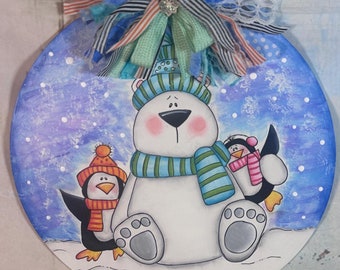 Polar Bear Door Hanger, Winter Door Hanger, Penguin, Penguin Front Door Decor, Winter Door Decor, Winter Wreath, Front Door, Winter Decor