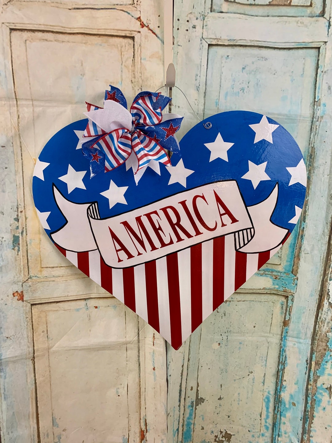 Patriotic Door Hanger, American Flag Door Hanger, American Flag Wreath
