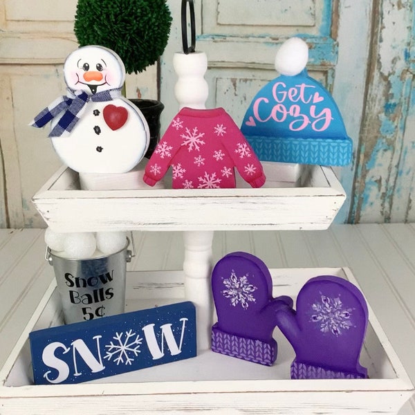 Winter Tier Tray Decor, Winter Coffee Bar Decor, Tier Tray, Snowball, Coffee Bar, Snowman, Mittens, Snowflake, Winter Mini Signs, Cozy, Snow