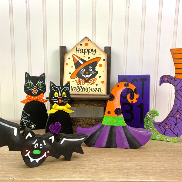 Halloween Tier Tray Decor, Halloween Witch Hat, Halloween Black Cat, Candy Corn, Wood Halloween Tier Tray Decor, Halloween Decor, Tier Tray