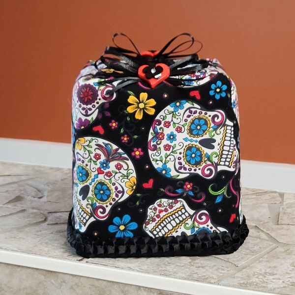 Tissue Box Cover Day of the Dead-Black-Sugar Skulls-Dia De Los Muertos-Handmade Fabric Tissue Dispenser-Flowers Black Satin Trim Bows M59