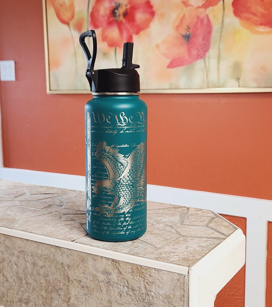 Engraved 32oz Water Bottle Flip Top Lid Green Teal We the People ...