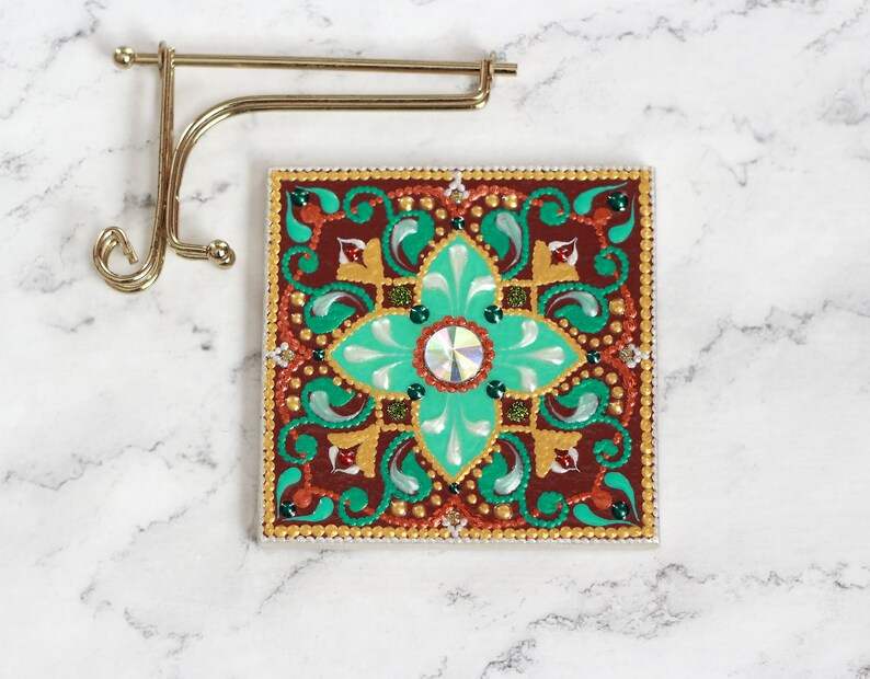 Art gold Brown painted ceramic tile with dot art mandala artwork Hand painted brown green ceramic tile on stand Decorative tile 4x4