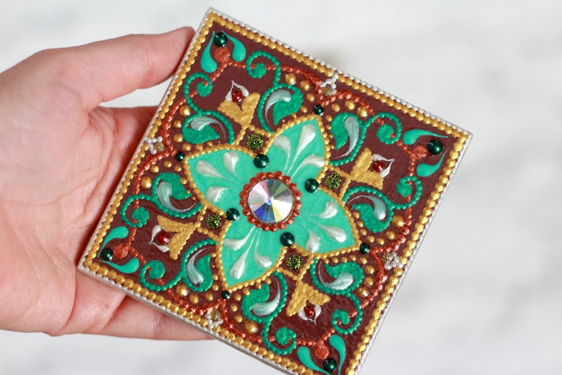Art gold Brown painted ceramic tile with dot art mandala artwork Hand painted brown green ceramic tile on stand Decorative tile 4x4