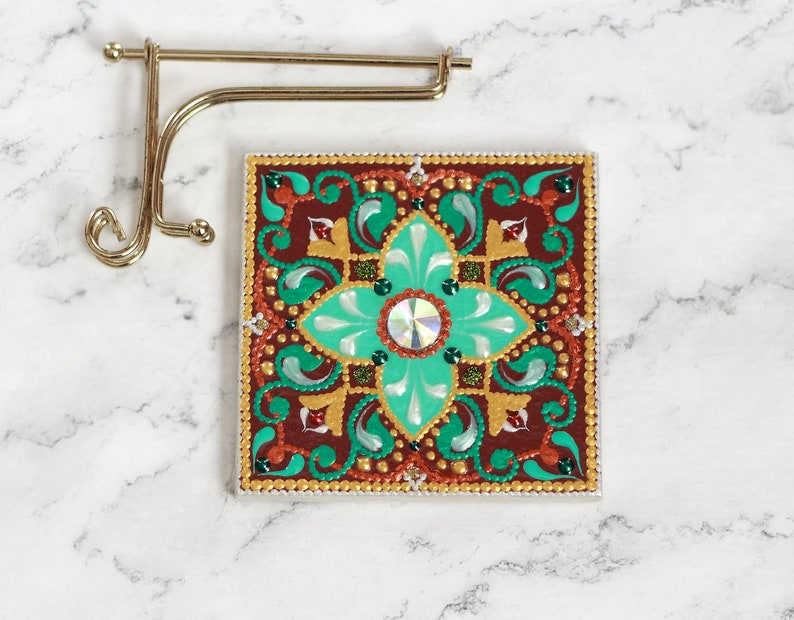 Art gold Brown painted ceramic tile with dot art mandala artwork Hand painted brown green ceramic tile on stand Decorative tile 4x4