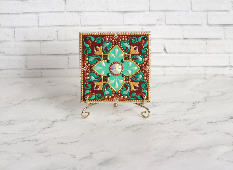 Art gold Brown painted ceramic tile with dot art mandala artwork Hand painted brown green ceramic tile on stand Decorative tile 4x4