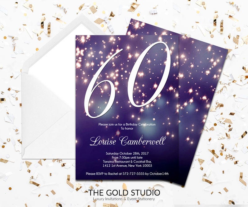 60th birthday invitation blue purple sparkle glamorous modern 60