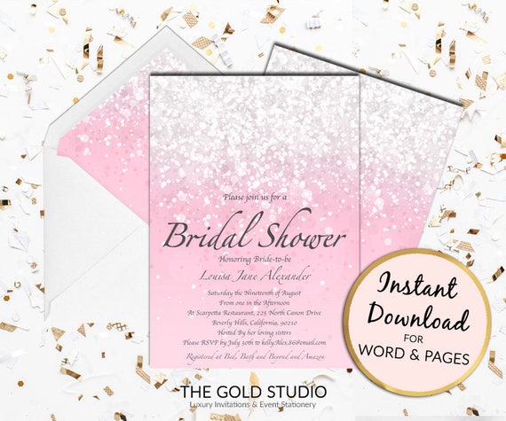 printable blush pink bridal shower invitation print at home bride to be glamorous glitter invite mac or pc word or pages instant download invitations print at home