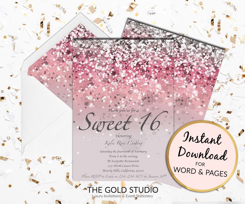 sweet 16 invitation pink glitter sweet sixteen 16th birthday