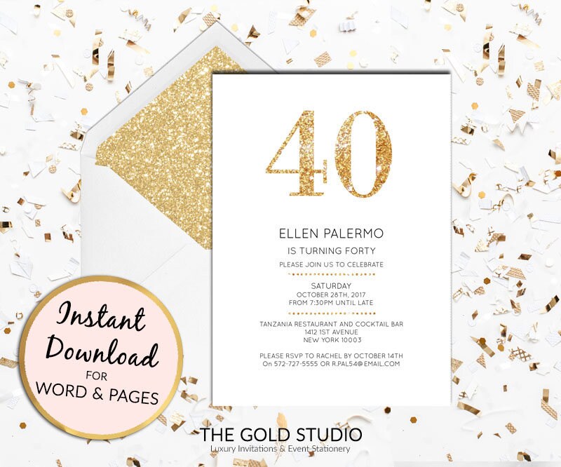 instant download 40th birthday invitation forty modern elegant gold