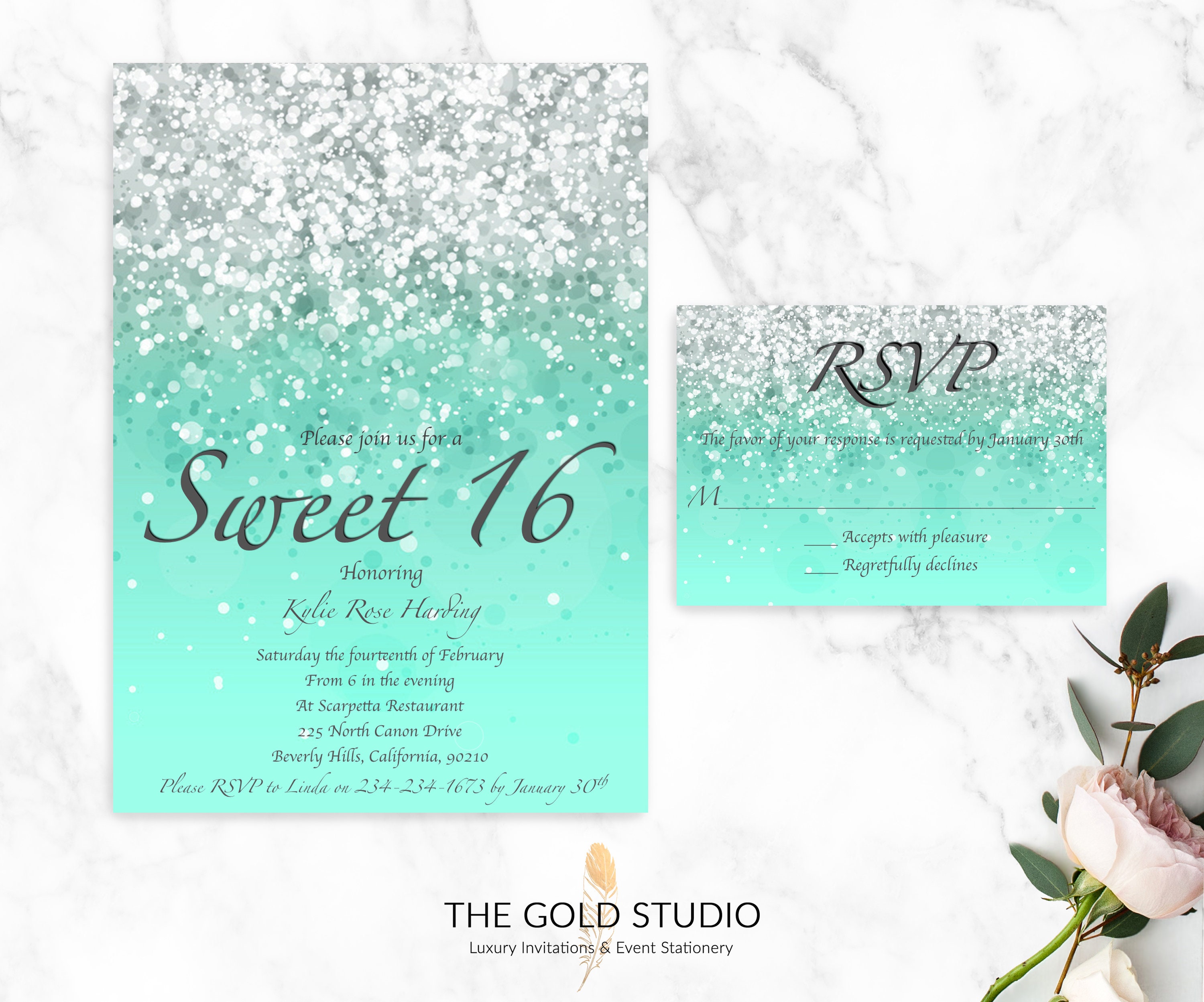 sweet 16 mint green invitations rsvp cards glamorous printed