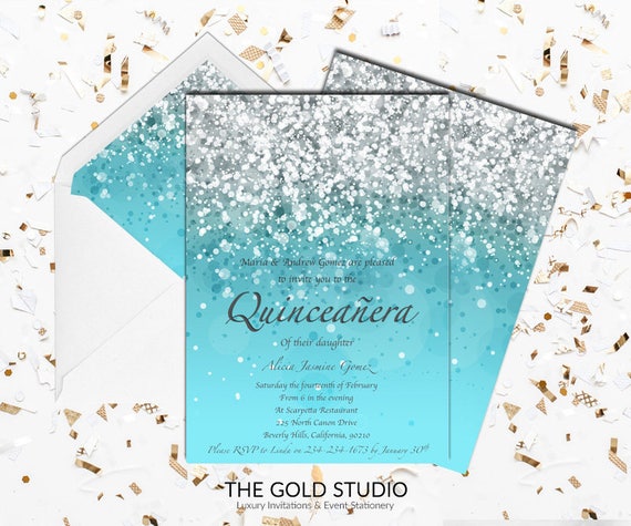 Blue Quinceanera Invitation Turquoise Glitter Mis Quince Etsy