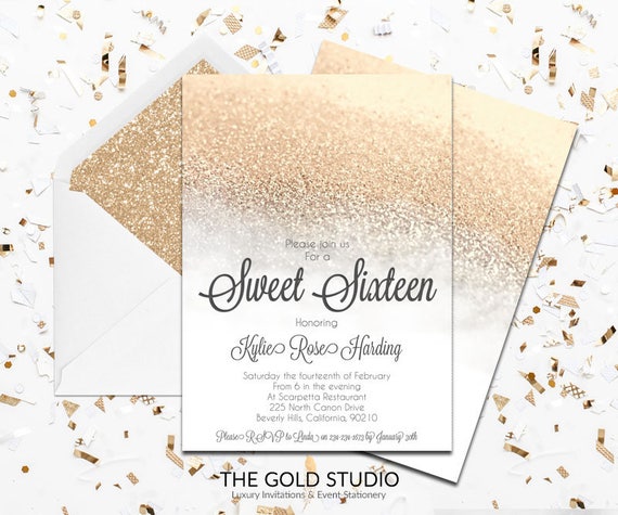 Super Wit & Gouden glamoureuze Sweet 16 uitnodiging Luxe goud | Etsy SQ-07