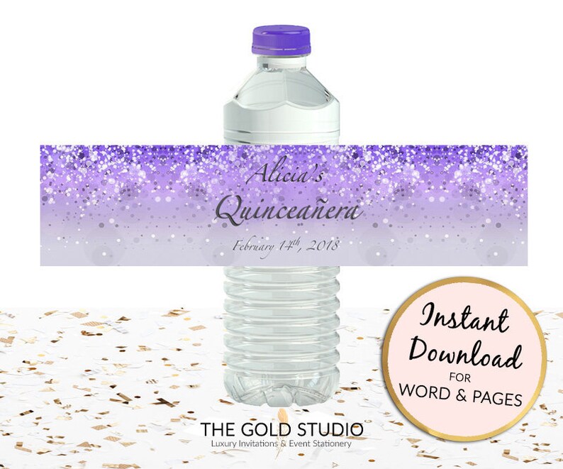 Purple Quinceanera Water bottle labels custom lilac mis quince Etsy