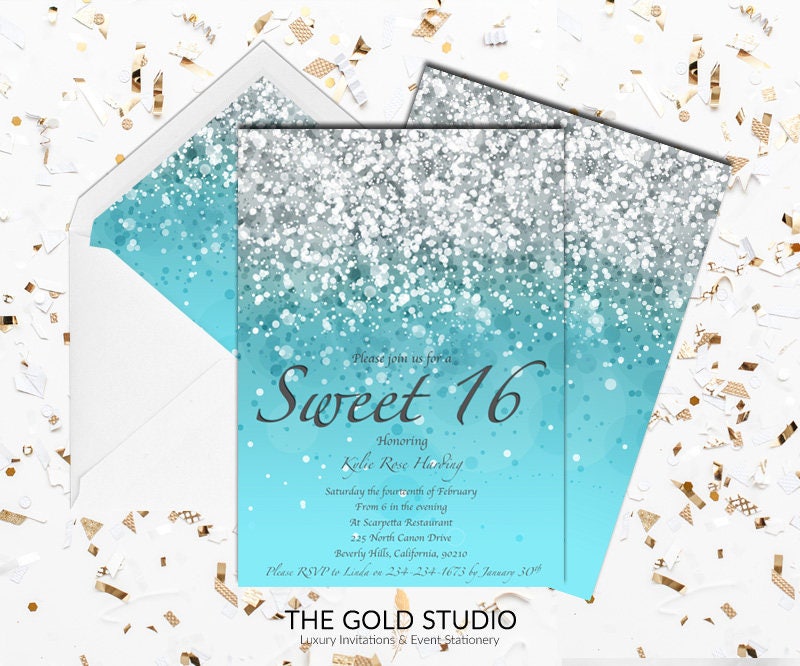 Blue Sweet 16 Invitation Turquoise Blue Glitter Sweet Sixteen