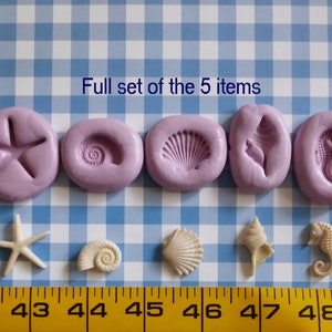 K&ouml;nnte beinhalten: Eine Sammlung von f&uuml;nf lavendelfarbenen Formen in verschiedenen Muschelformen, darunter ein Seestern, eine Spiralschale, eine Jakobsmuschel, eine Muschel und ein Seepferdchen. Darunter passende Muschelminiaturen. Der Text "Full set of the 5 items" ist sichtbar.