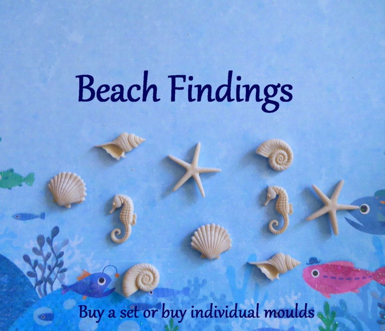 K&ouml;nnte beinhalten: Eine Auswahl an beigefarbenen Muschel- und Seesternformen auf blauem Hintergrund. Das Bild zeigt verschiedene Meereskreaturen, darunter Seepferdchen und Muscheln. Der Text "Beach Findings" steht oben, mit "Buy a set or buy individual moulds" unten.