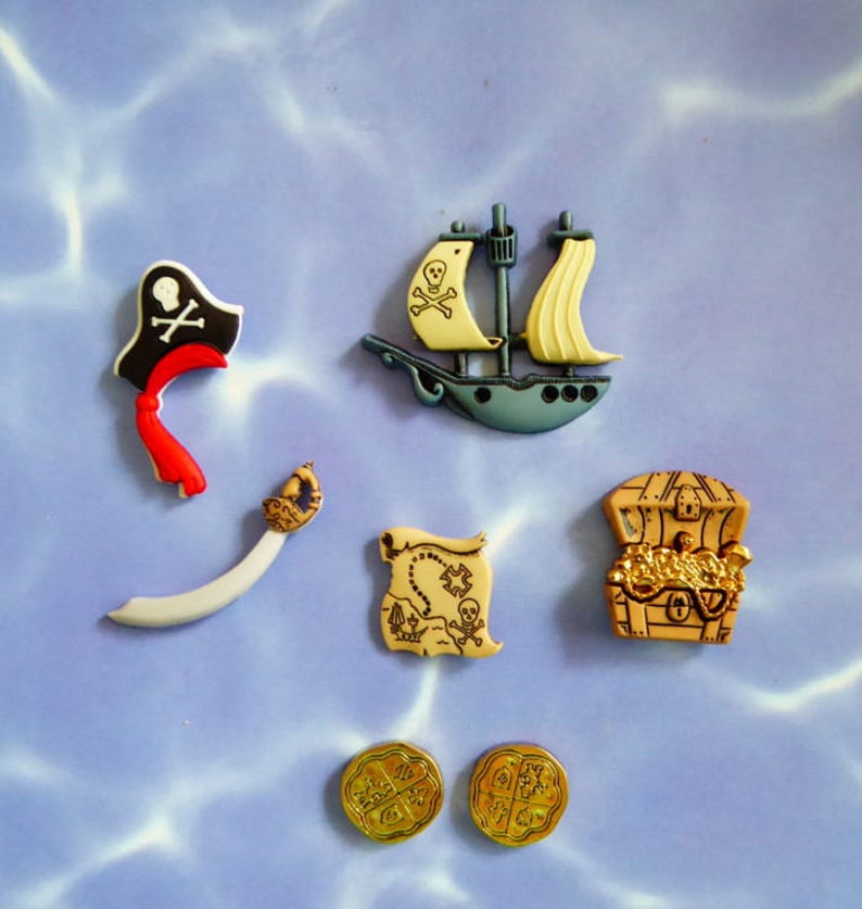 Pirate Ship Silicone Mold Fondant Chocolate Polymer Clay Craft Hat Treasure Chest Map Saber Doubloon Cake Tool Cupcake Topper