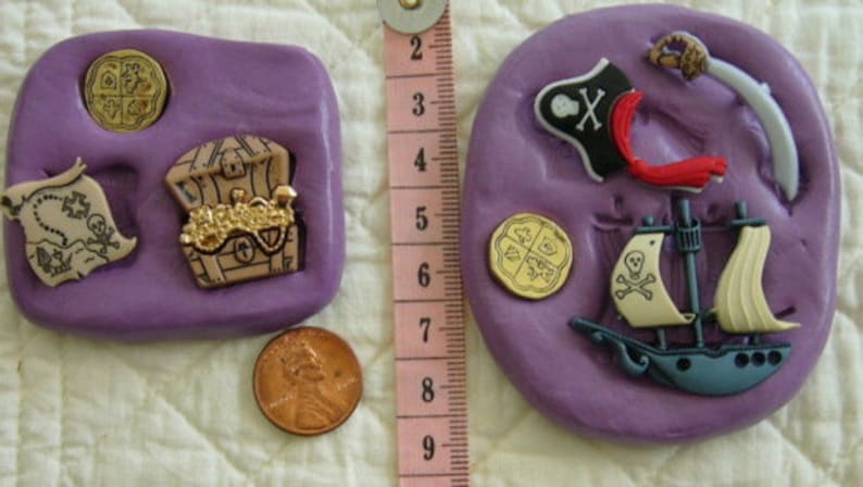 Pirate Ship Silicone Mold Fondant Chocolate Polymer Clay Craft Hat Treasure Chest Map Saber Doubloon Cake Tool Cupcake Topper