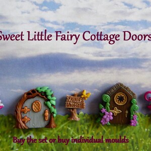 May include: Miniature fairy cottage doors and mushroom decorations. The image features a variety of fairy doors with intricate details, including a tree-like door, a wooden door with floral accents, and a sign that says "Fairies Welcome".