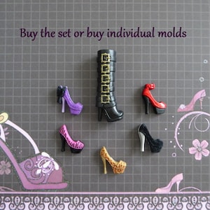 Könnte beinhalten: Eine Auswahl an Miniatur-High Heels und einem hohen Stiefel in verschiedenen Farben und Mustern, darunter Schwarz, Rot, Lila und Leopardenmuster. Das Bild enthält den Text "Buy the set or buy individual molds".