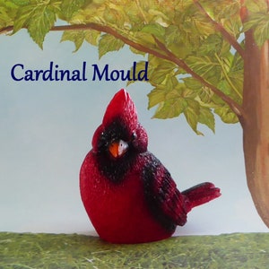 May include: A red cardinal bird mould with black detailing, positioned on a green surface. The text "Cardinal Mould" is in blue. The background shows a painted tree with green leaves and a blue sky.