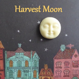 May include: A cream-colored, smiling moon face with closed eyes, set against a dark background with stars and colorful illustrated houses. The text "Harvest Moon" is displayed in gold letters above the moon.